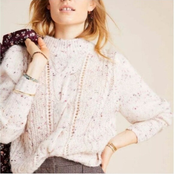 Rebecca Taylor Merino Wool Pink Confetti TWEED CABLEKnit XS Cream Sweater - Picture 3 of 10
